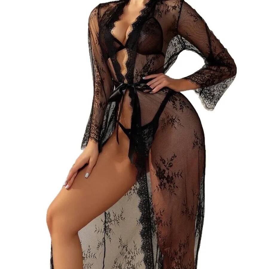 Kimono Sheer Floral - Черный кружевной прозрачный длинный халат для