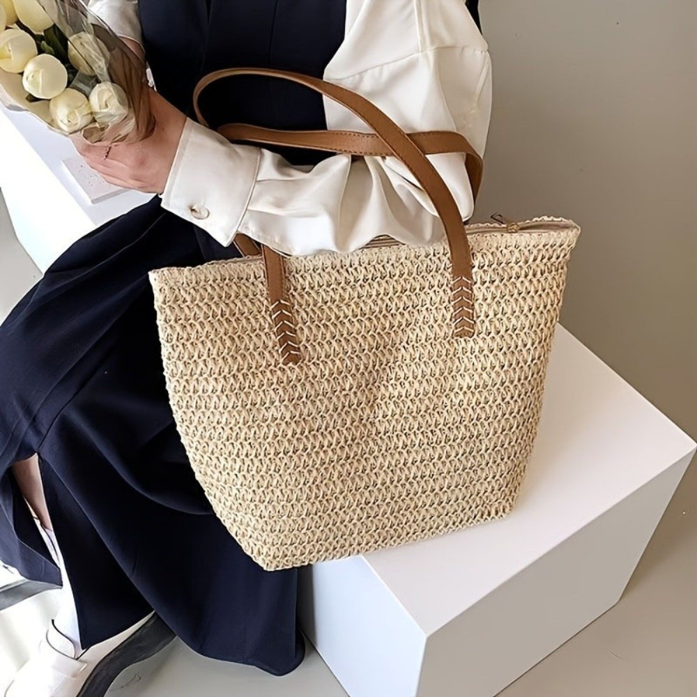 Tote Bag Beach - Модная однотонная плетеная сумка-тоут из соломки,