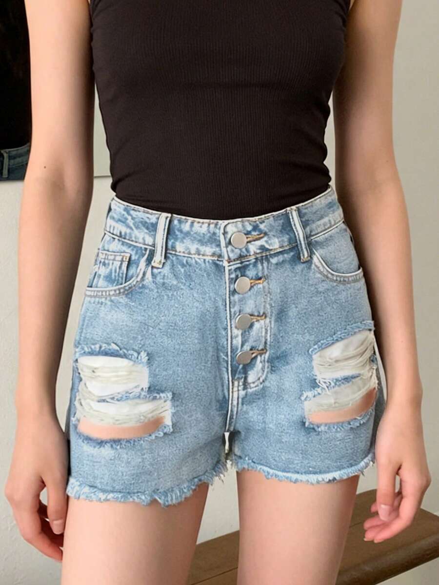 Shorts Denim Frayed - Женские джинсовые шорты с эффектом потертости,