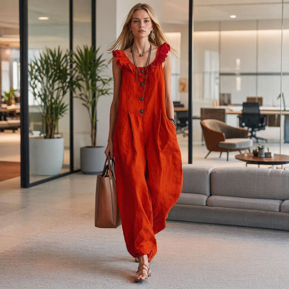 Jumpsuit Linen Relaxed - Женский комбинезон свободного кроя с рюшами