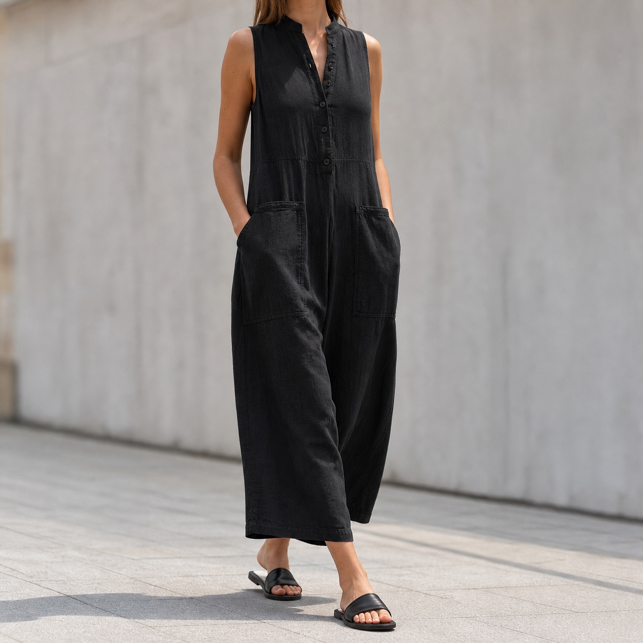 Jumpsuit Linen Relaxed - Женский комбинезон без рукавов с воротником-стойкой,