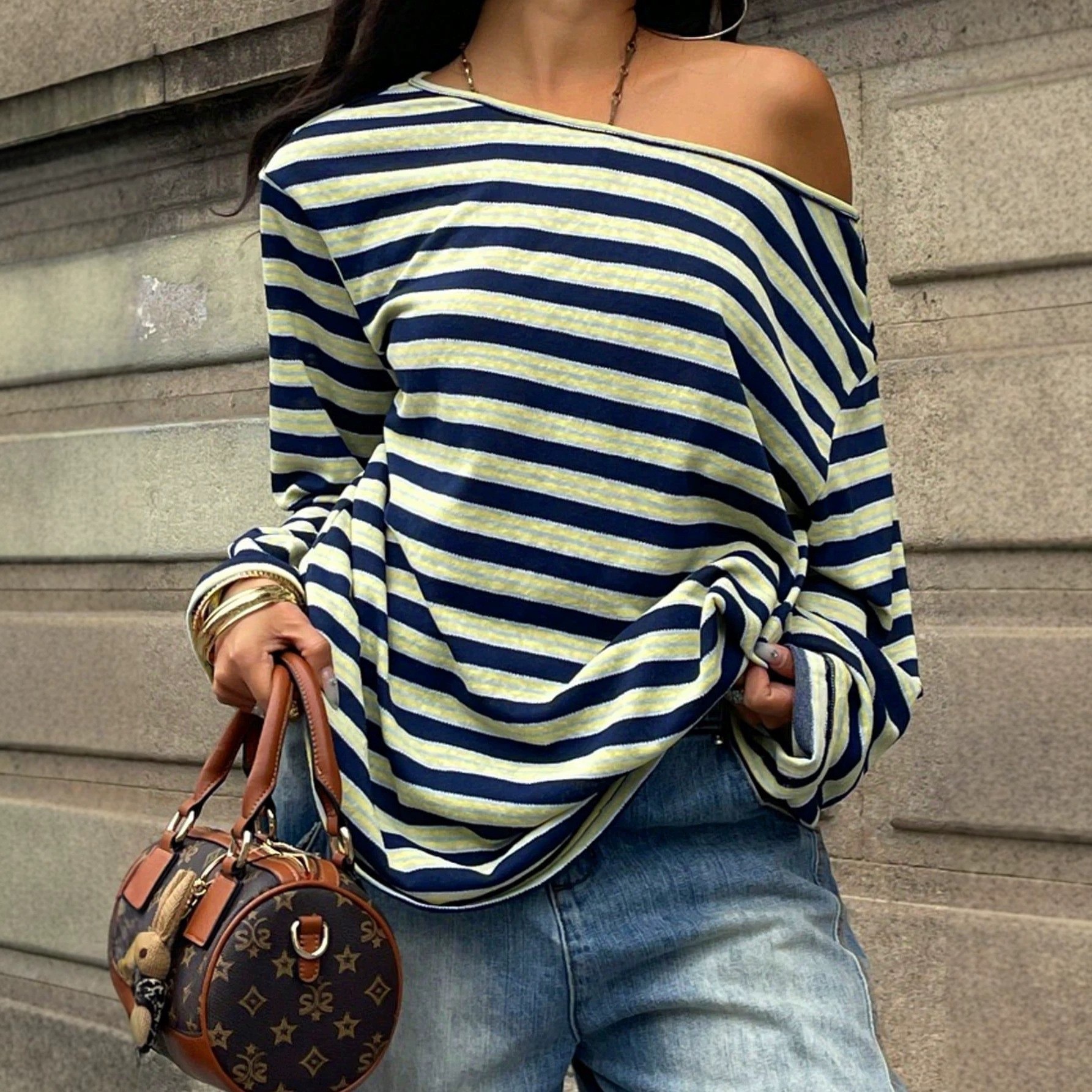 Blouse Off Shoulder - Женская свободная футболка-блузка в полоску с