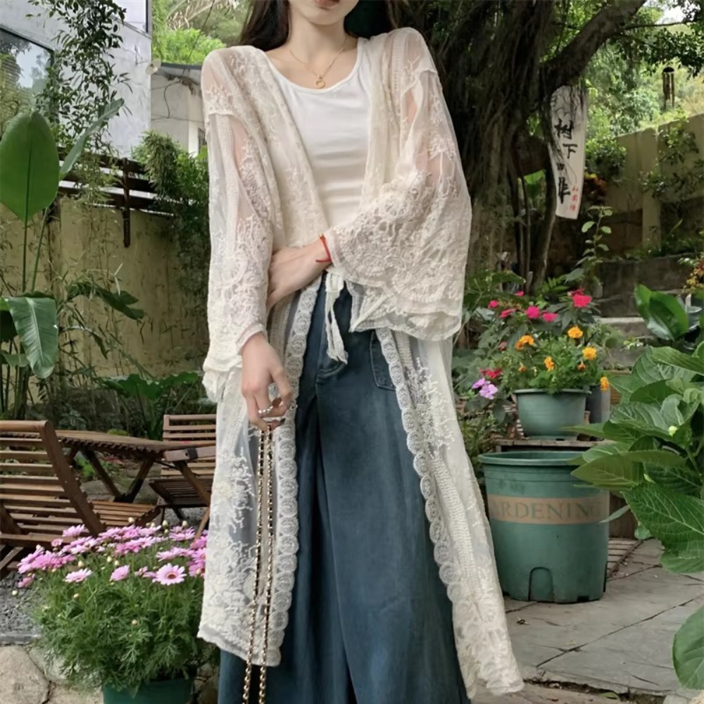 Kimono Sheer Floral - Легкая кружевная блузка на шнуровке с