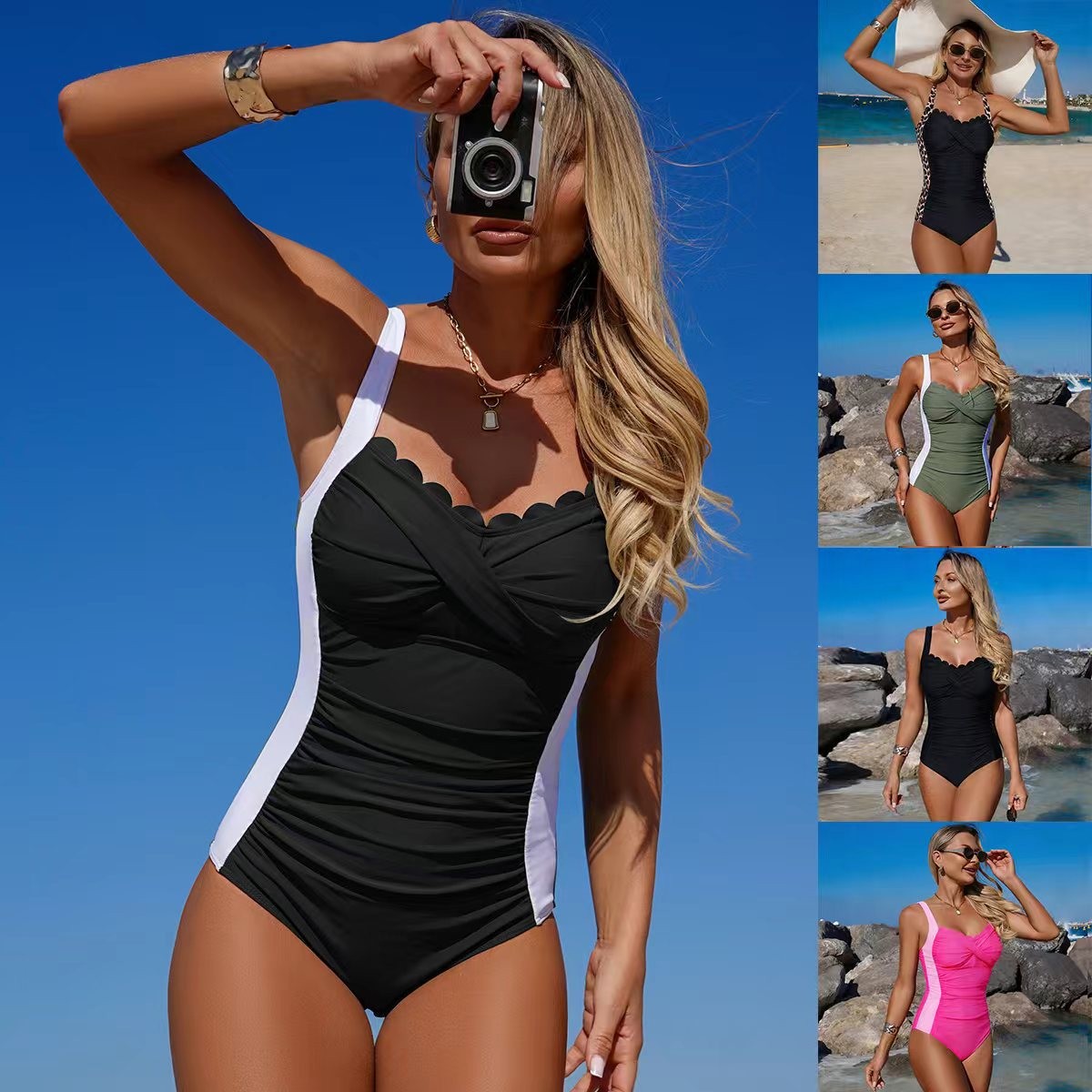 Swimsuit Bikini Ruched - Черный купальник с волнистым вырезом, перекрученным