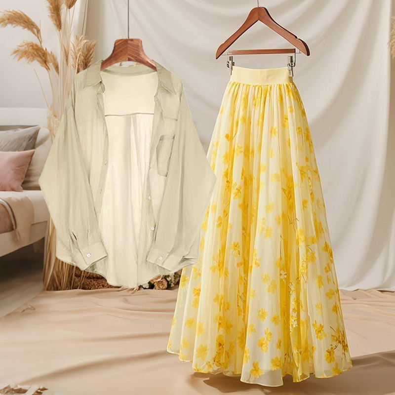 Midi Skirt Floral - Летний комплект одежды: свободная тонкая рубашка