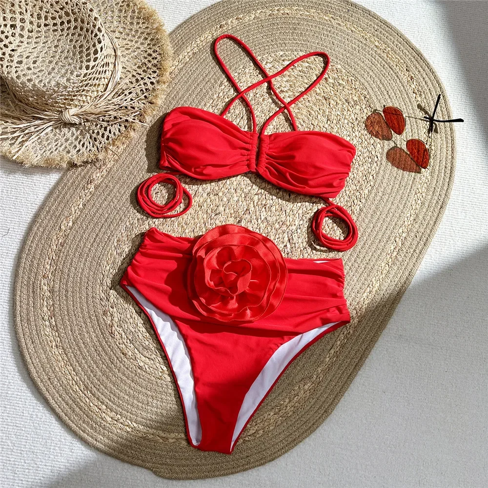 Swimsuit Bikini Ruched - Сексуальный красный купальник с 3D цветком,
