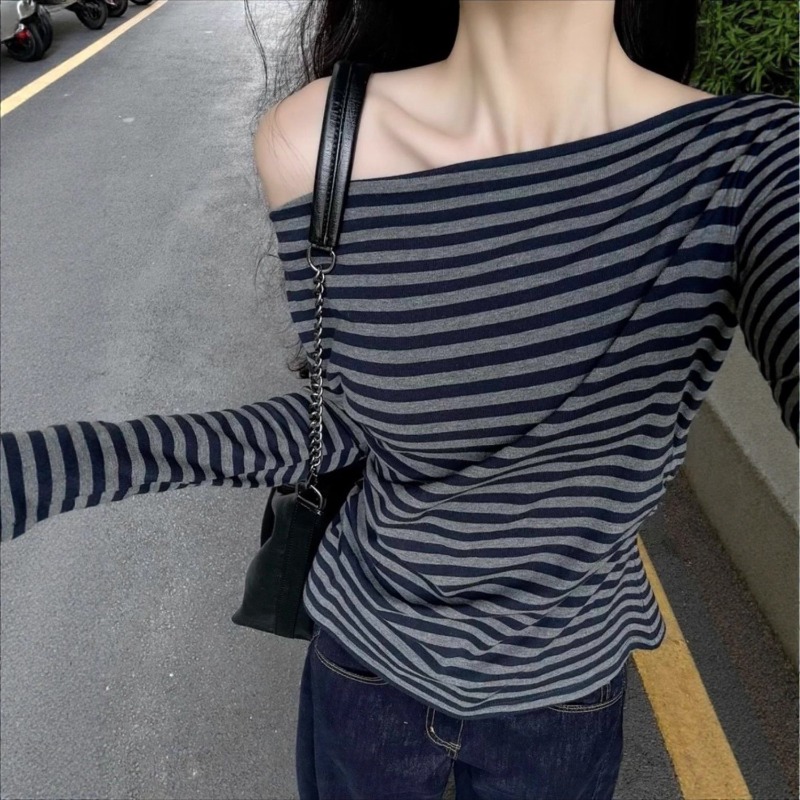 Blouse Off Shoulder - Женская винтажная полосатая блузка с открытыми