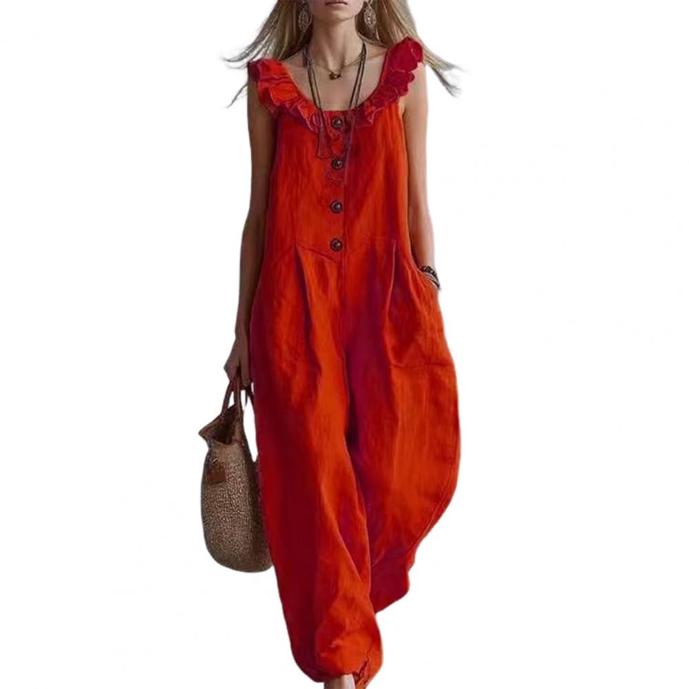 Jumpsuit Linen Relaxed - Женский комбинезон свободного кроя с рюшами