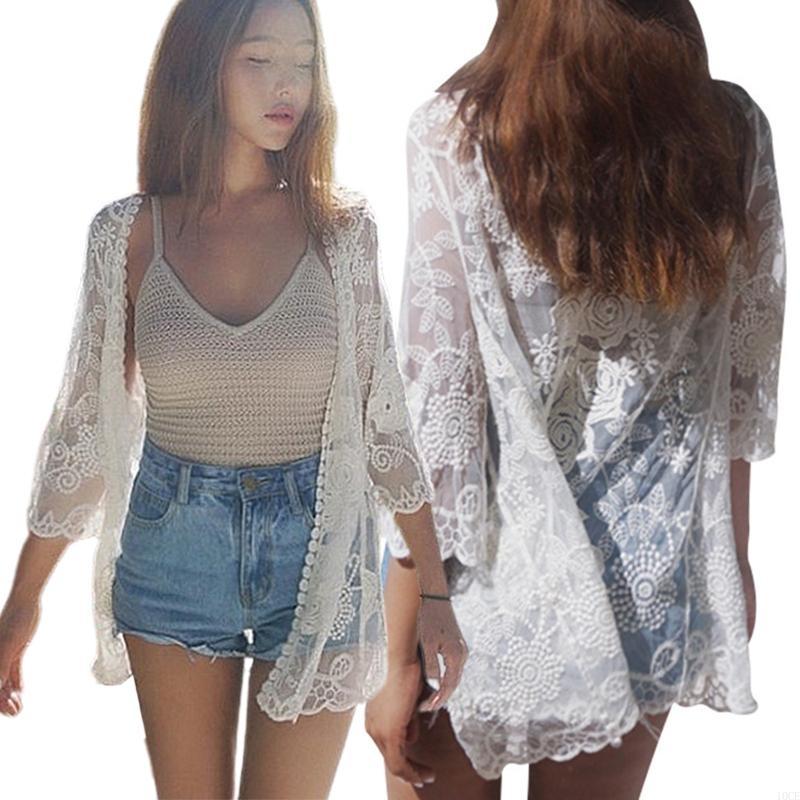Kimono Sheer Floral - Женщины кружев открытый фронт Кимоно Кардиган