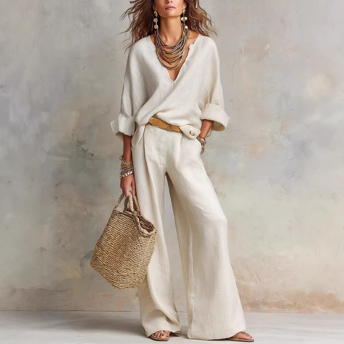 Linen Pant Wide - Винтажный женский повседневный комплект из чистого