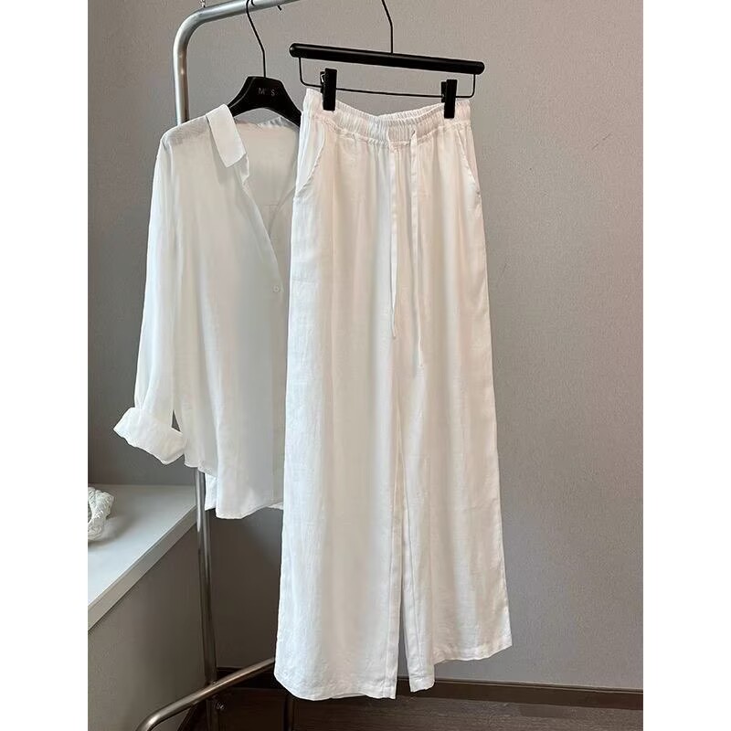 Linen Pant Wide - Корейский комплект из белой хлопковой льняной