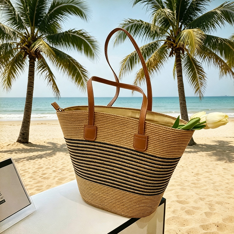 Tote Bag Beach - CLAREGQI Женская полосатая соломенная сумка-тоут, вместительная