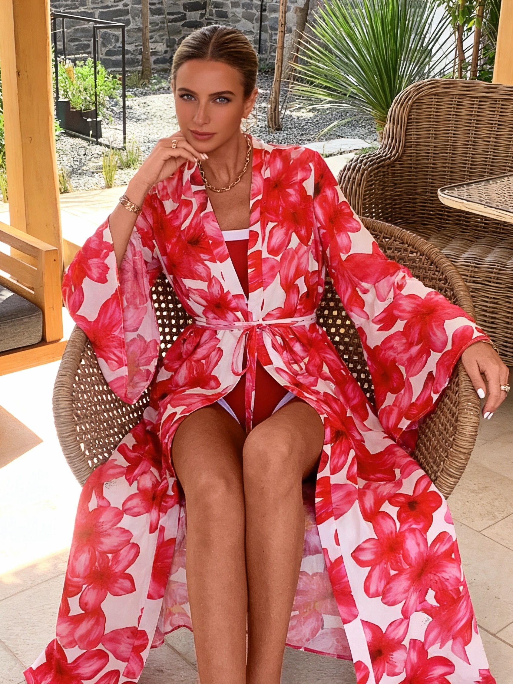 Kimono Sheer Floral - Женское красное кимоно с цветочным принтом,
