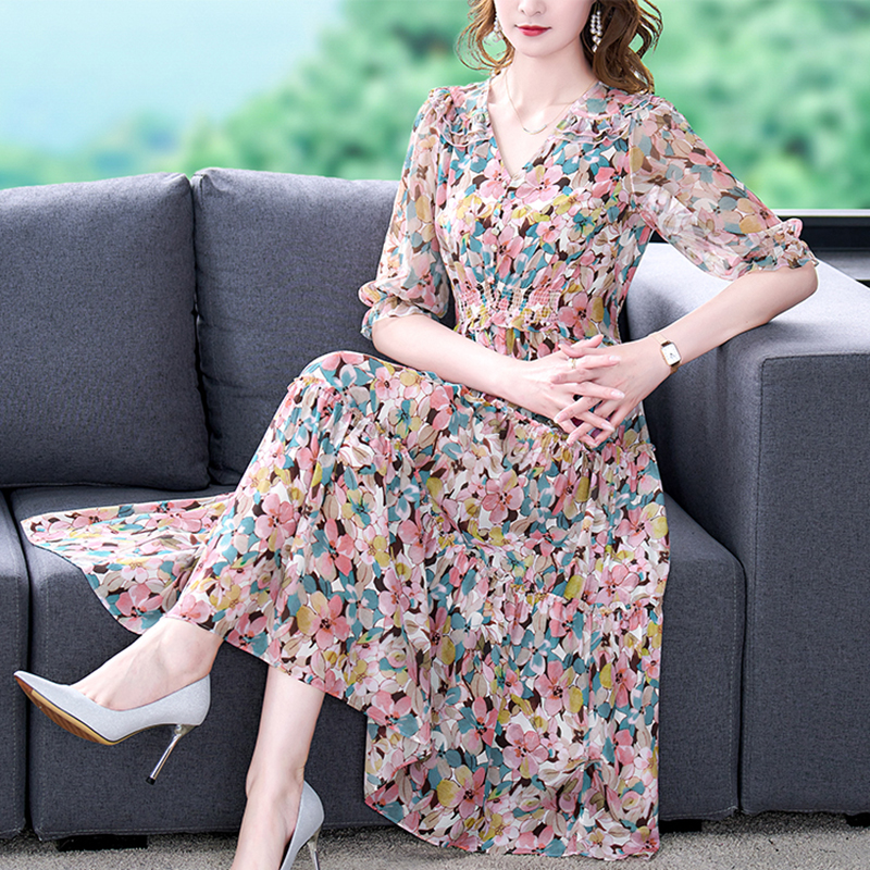 Midi Skirt Floral - Женское платье миди из натурального шелка,