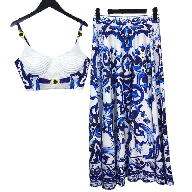 Romper Floral Print - Летний богемный синий и белый фарфоровый