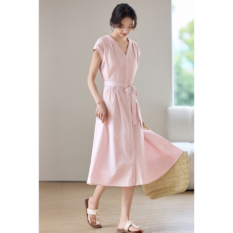 Linen Dress Wrap - Женское элегантное платье SENTUBILA миди, розовое,