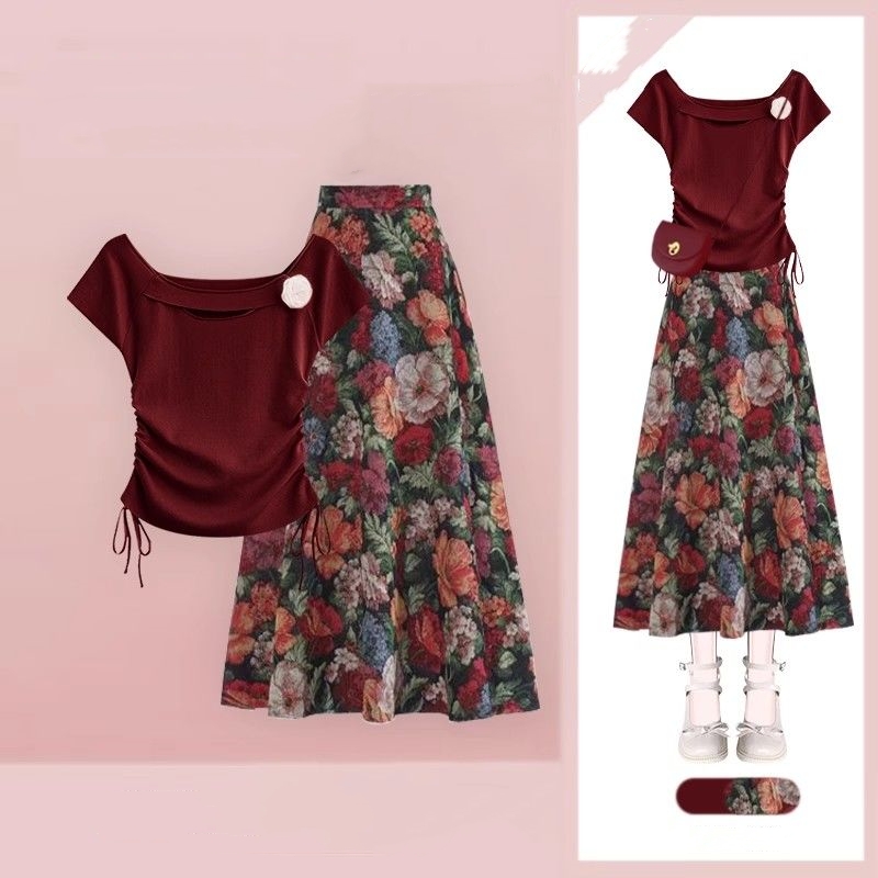 Midi Skirt Floral - Женские футболки Lucky Wine Red, юбки