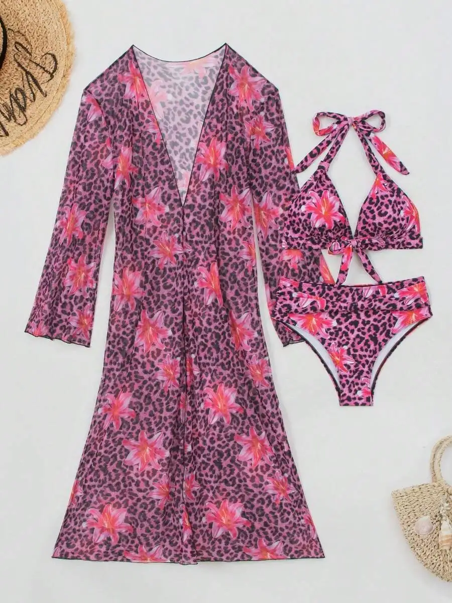 Kimono Sheer Floral - Женский комплект бикини из 3 предметов