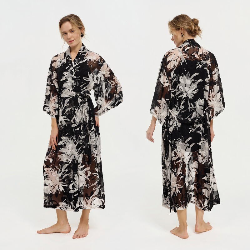Kimono Sheer Floral - Женский черно-белый шифоновый халат с цветочным