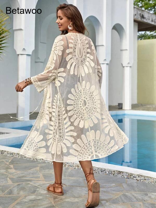 Женское белое пляжное кимоно в – обзор и цена Kimono Sheer Floral
