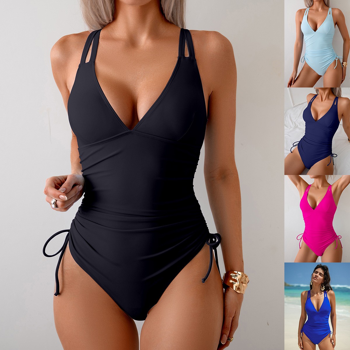 Однотонный черный купальник с  – обзор и цена Swimsuit Bikini Ruched
