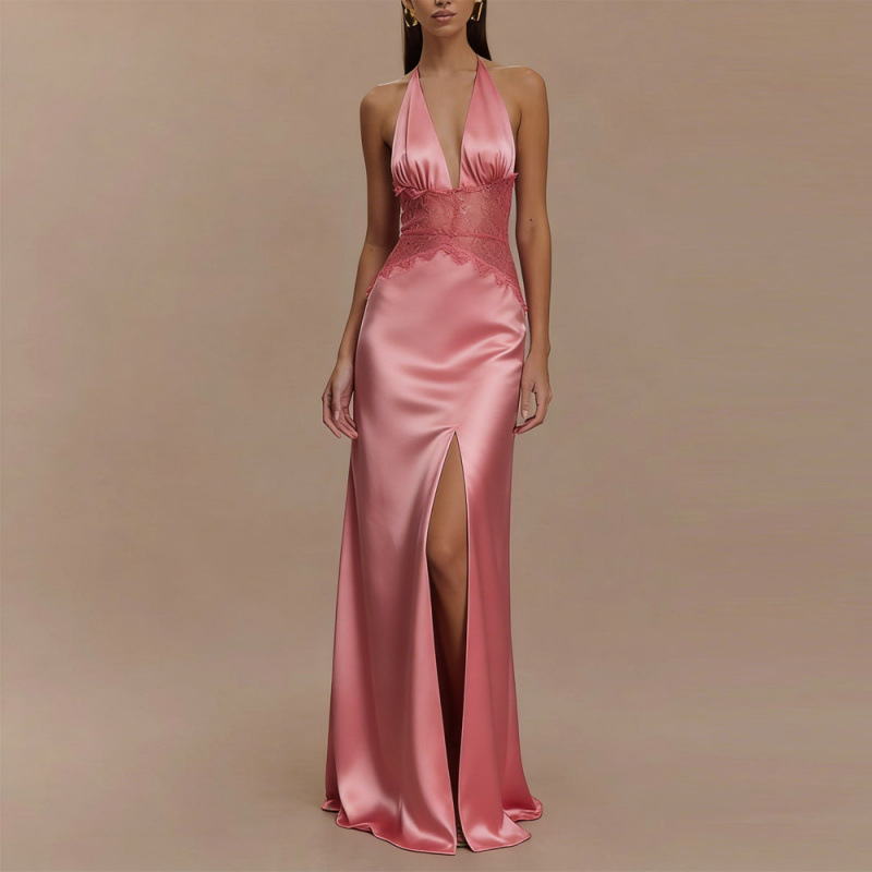 Сексуальное розовое атласное к – обзор и цена Maxi Dress Halter